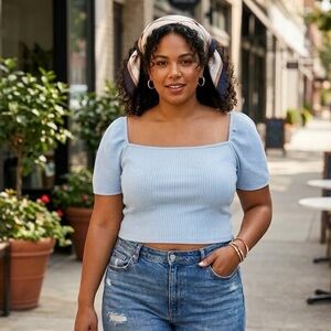H&M Light Blue Ribbed Cropped Top | Size XL